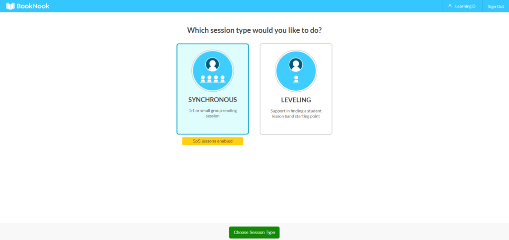 Screenshot of synchronous session option on BookNook