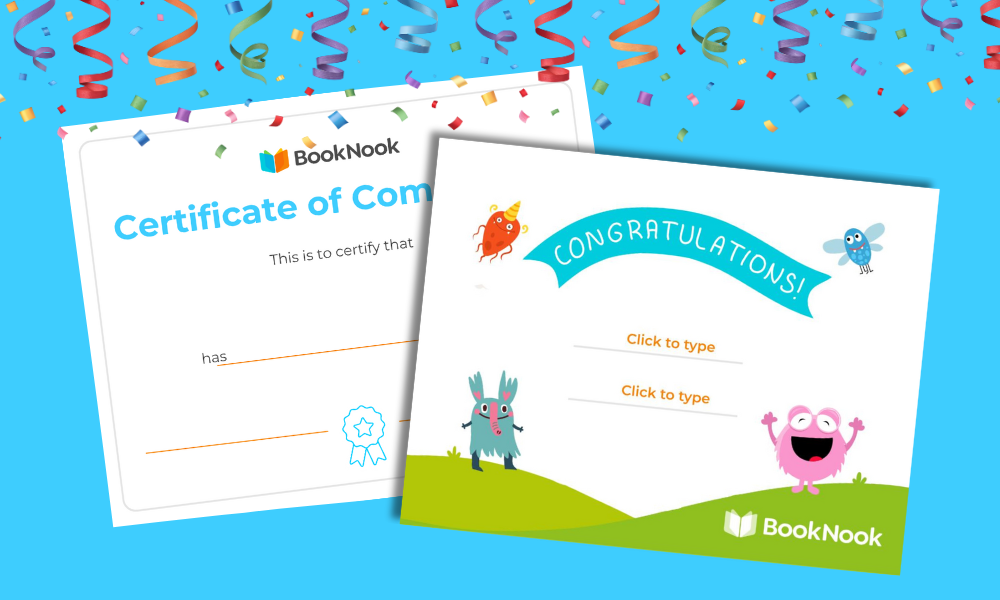 two printed BookNook "Congratulations" certificates on a bright blue background surrounded by rainbow streamers.