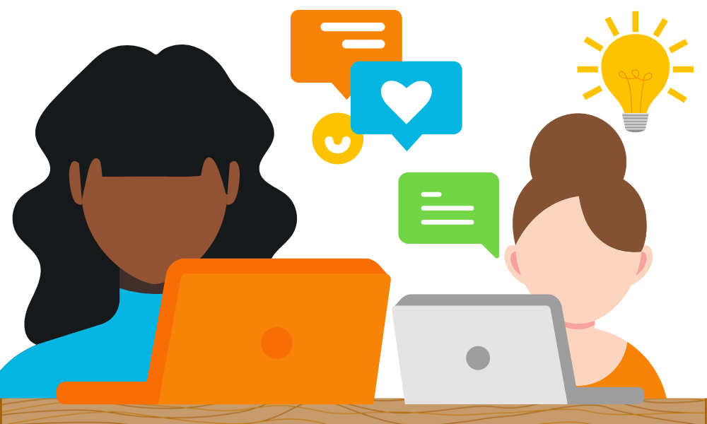 Two people sitting side-by-side at a desk using laptops with chat and idea icons above them, representing in-person staff tutoring.