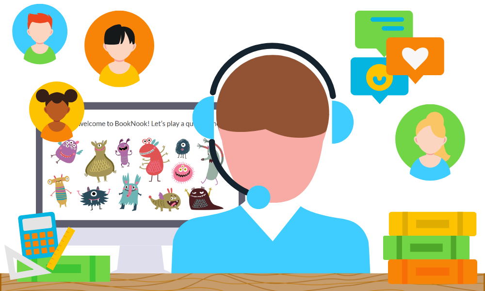 A tutor wearing a headset in front of a computer screen showing students and learning games, representing remote virtual tutoring.