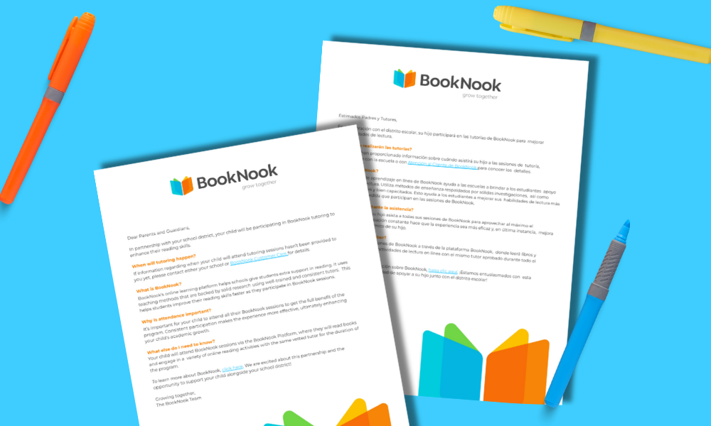 Resources to Explain BookNook to Families screenshots of parent letters PDF