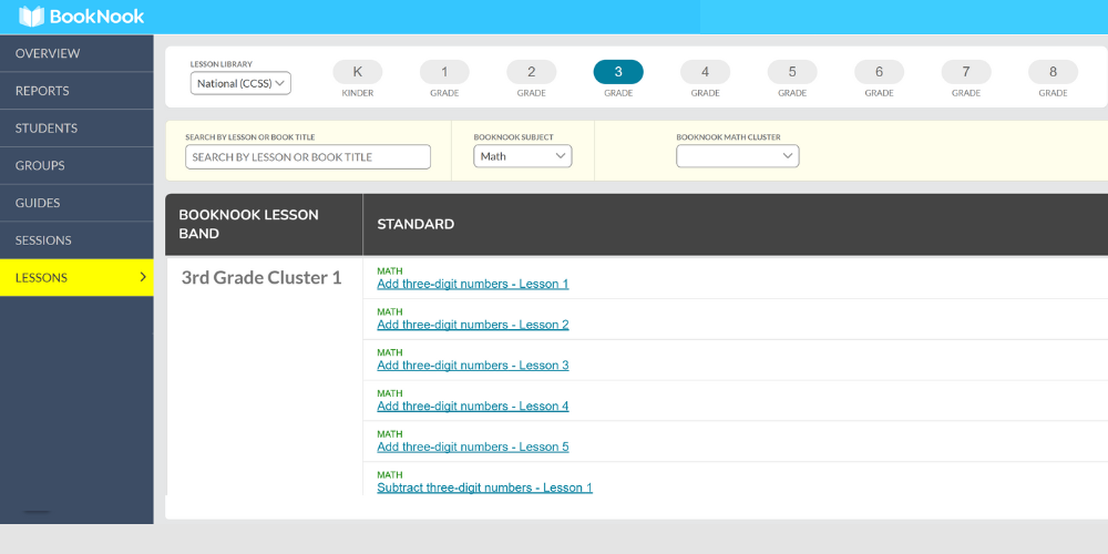 Screenshot of the Lessons tab in the BookNook platform