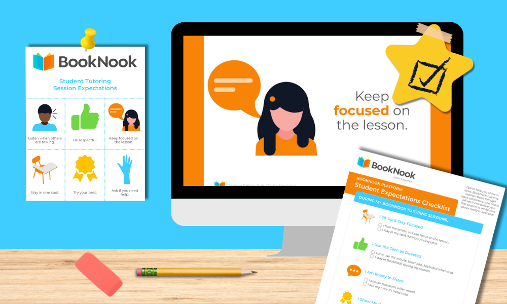 A computer screen displays “Keep focused on the lesson.” Nearby are a checklist and a tips poster. A pencil and erase rests on a wooden desk against a blue background.