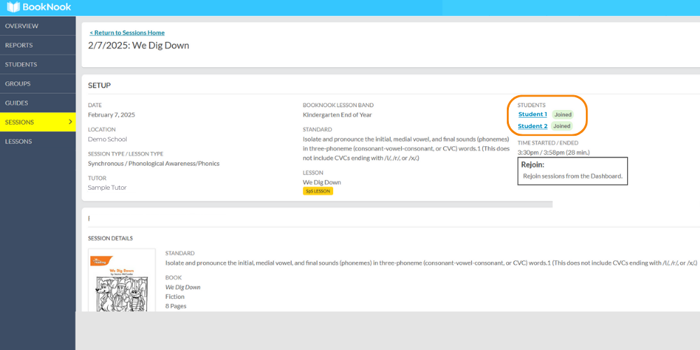 screenshot of the sessions tab in the BookNook dashboard with the words Joined circled