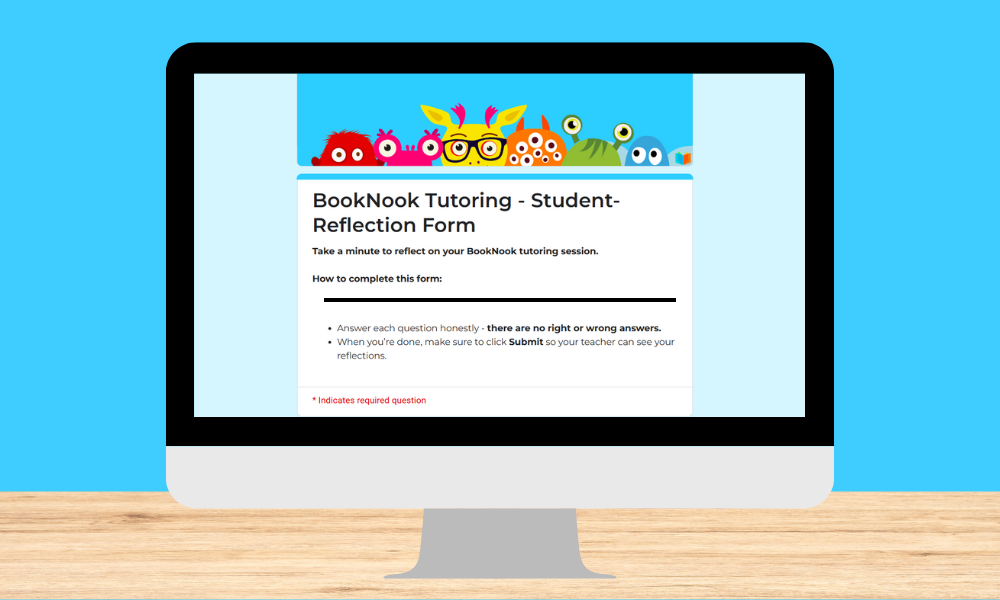 The BookNook Tutoring Self Reflection form displayed a desktop monitor on a wood surface with a bright blue background