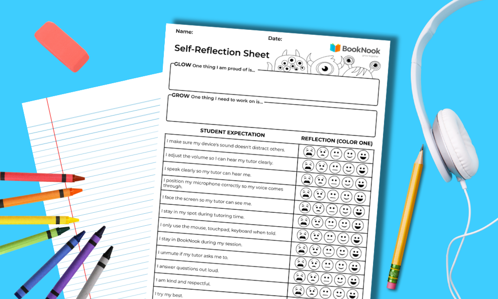 BookNook Tutoring Self-Reflection sheet with emoji scale printable with a sheet of notebook paper, crayons, eraser and pair of white headphones on a blue background