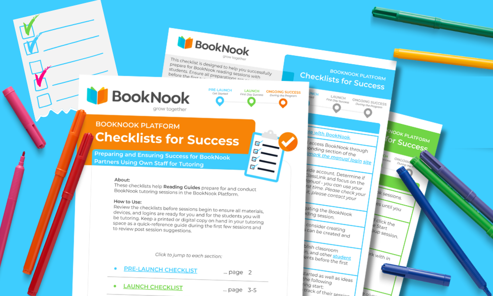BookNook Platform Reading Checklist is displayed on a bright blue background surrounded by colorful markers.
