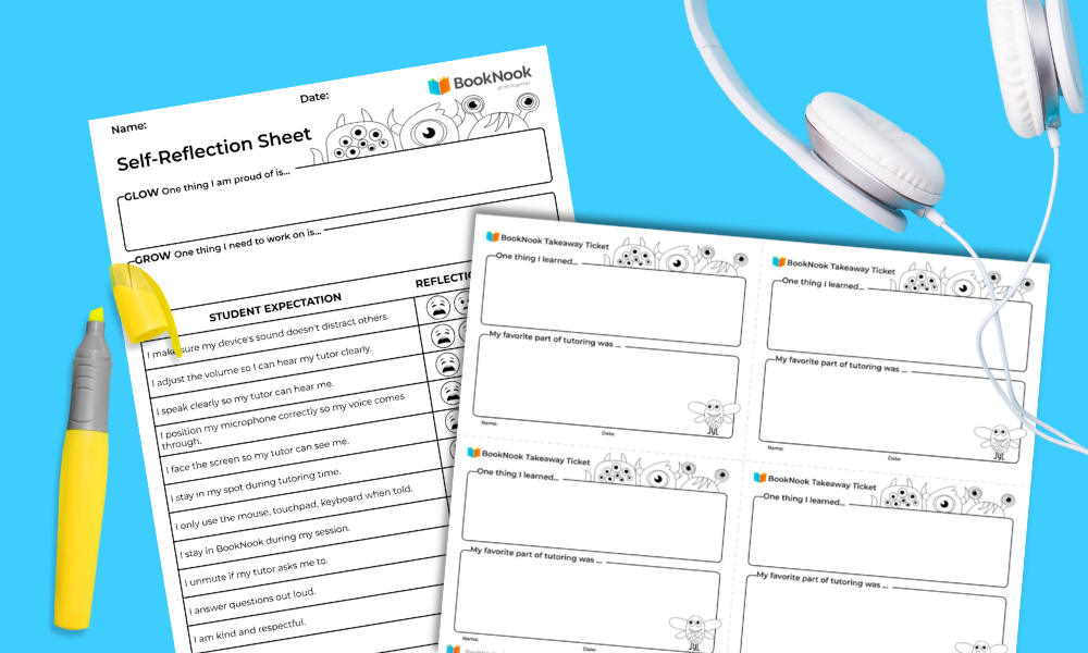 BookNook Student Reflection Takeaway Ticket with blackline monsters and BookNook Tutoring Self Reflection Sheet with emoji scale on a blue background surrounded by a yellow highlighters and white pair of headphones.