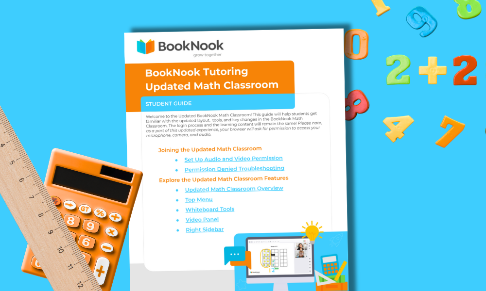 A BookNook student guide for updated math classrooms is shown on a blue background with colorful plastic numbers, a ruler, an orange calculator, and a pencil arranged around it.