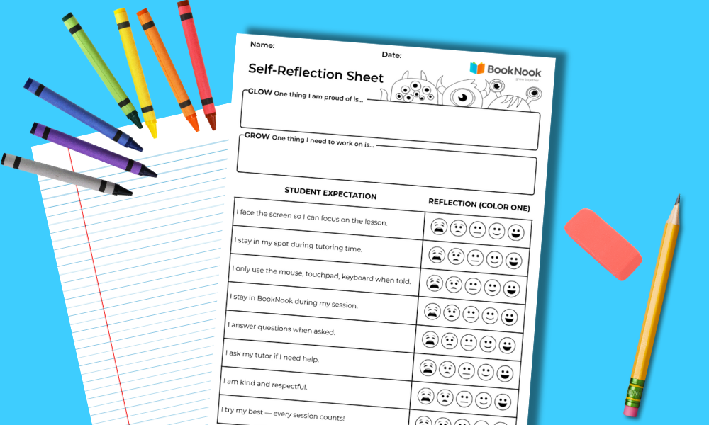 BookNook Self-Reflection sheet with emoji scale printable with a sheet of notebook paper, crayons, eraser and pencil on a blue background