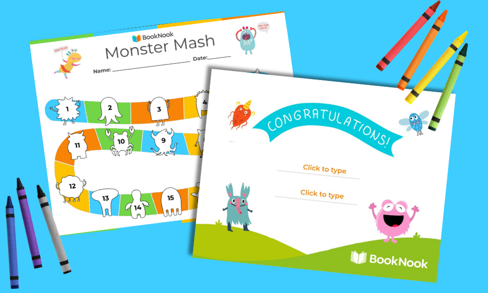 A BookNook "Congratulations" certificate and a BookNook attendance tracker titled Monster Mash features numbered monster-shaped spaces on a winding path on a bright blue background surrounded by crayons.