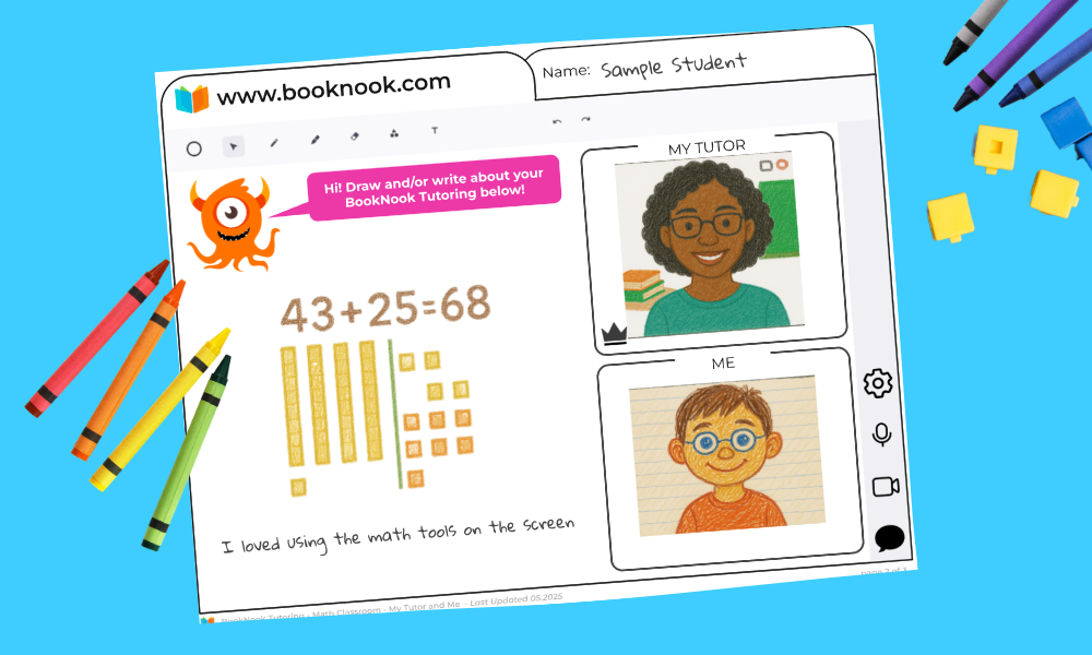 BookNook Math Classroom interface with a child's drawing of their tutor and a tens and ones activity all on a blue background.