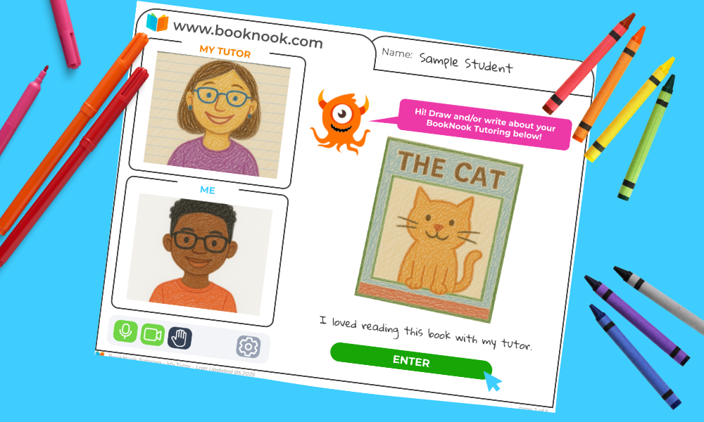 BookNook Reading Classroom interface with a child's drawing of their tutor and a book cover all on a blue background.