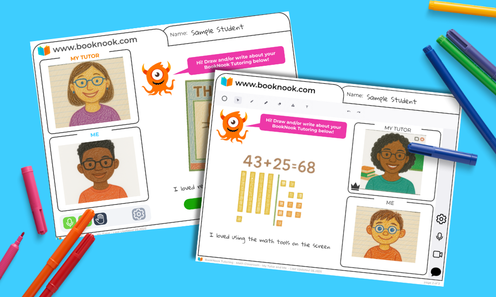 Print-outs of the BookNook Reading Classroom and Math Classroom interface with a child's drawing of their tutor all on a blue background.