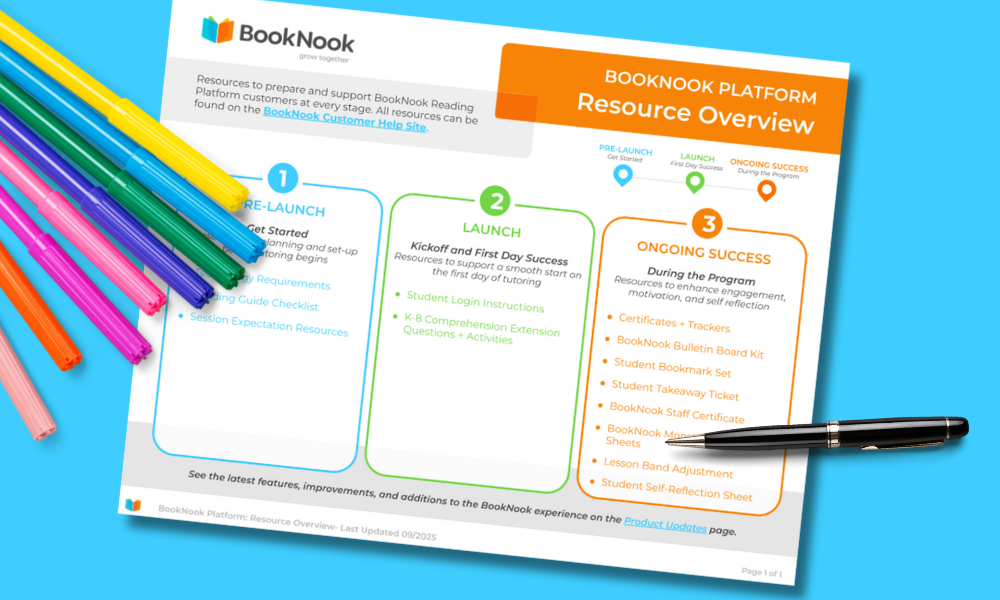 A printed BookNook Platform Launch guide is on a blue surface, next to a pen and colorful markers arranged in the upper left corner.