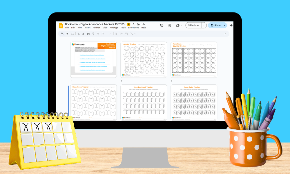 computer monitor with digital attendance tracker on Google Slides displayed on the screen.