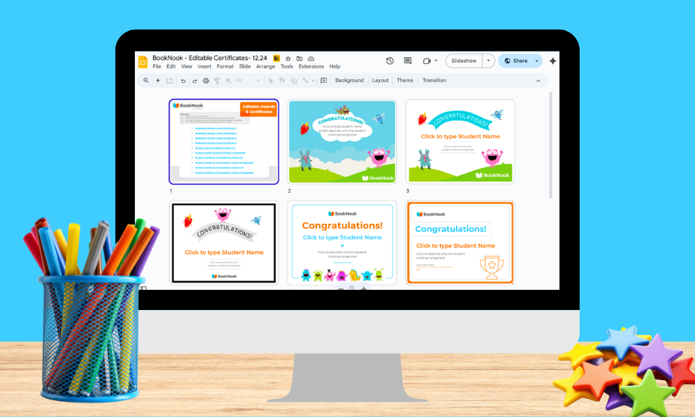 computer monitor with digital certificates on Google Slides displayed on the screen.