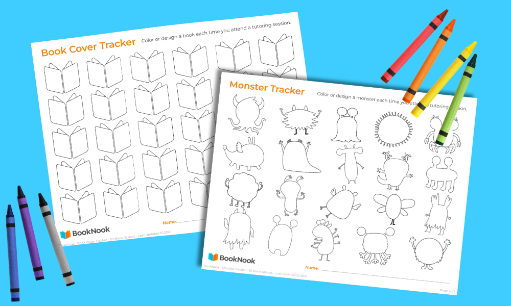 Two blackline BookNook attendance trackers on a blue background. Four crayons—purple, blue, green, and orange—are placed beside the sheets.