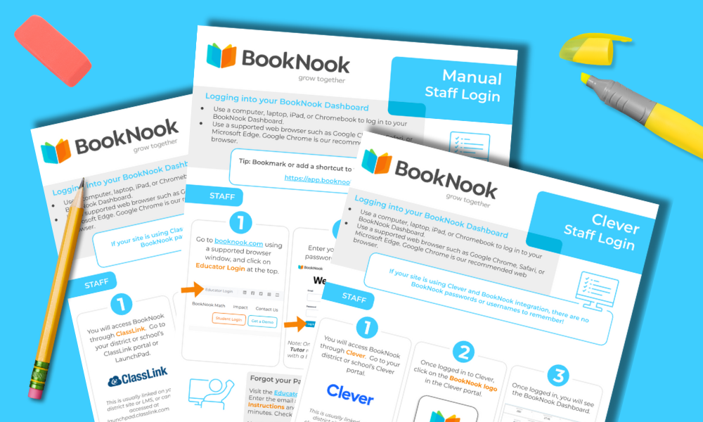 3 pages of printed staff log in guide instructions on a blue background with a pencil, eraser, and a highlighter nearby