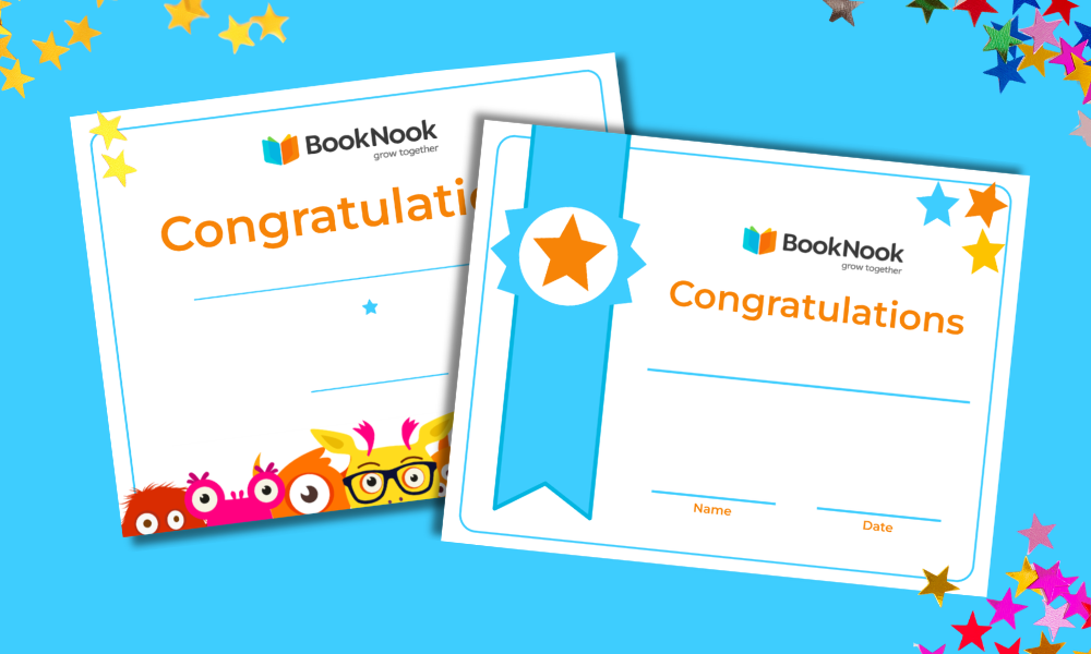 two certificates featuring various colorful monsters and a blue ribbon on a blue background