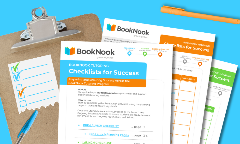 A clipboard holds a colorful BookNook Tutoring Checklists for Success pages. Next to it are an orange marker pencil and a blue pen on a bright blue background.