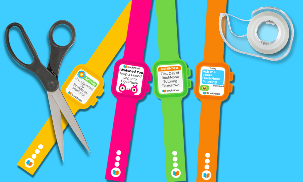Graphic of four BookNook Smartwatches printed and cut out with a pair of scissors and scotch tape all on a bright blue background