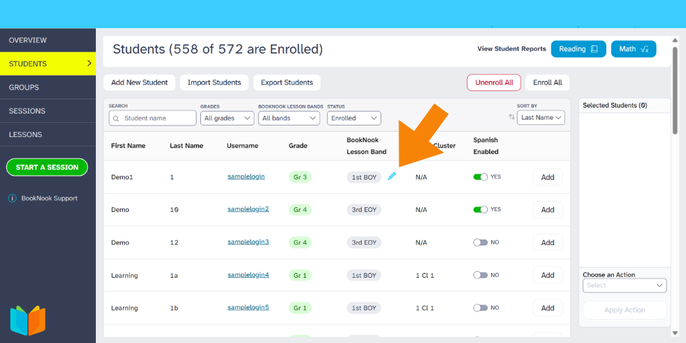 Student list highlighting the edit pencil icon next to a student's current BookNook Lesson Band.