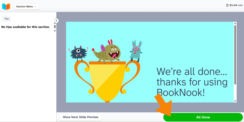 "We're all done" completion slide highlighting the green "All Done" button.