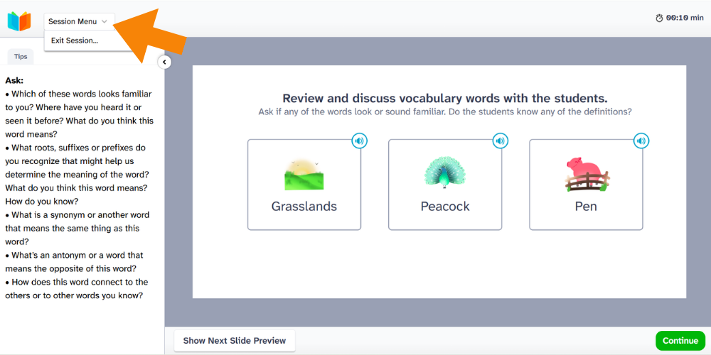 In-lesson view showing the "Session Menu" dropdown with the "Exit Session..." option selected.