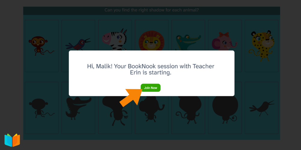 "Join Now" notification pop-up for a BookNook session.