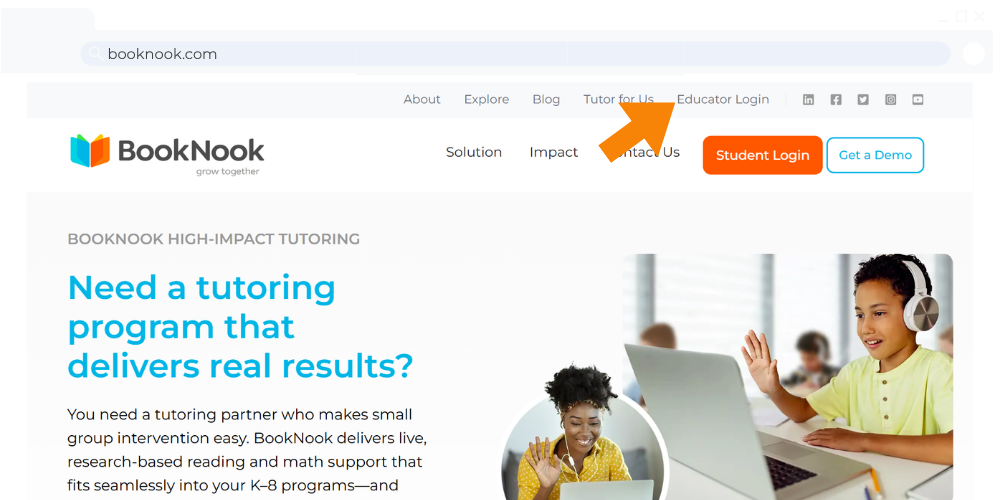 "Educator Login" link button on the BookNook homepage.