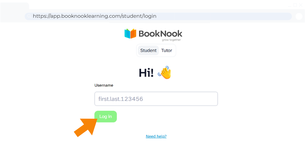 Student login screen with username field and "Log in" button.