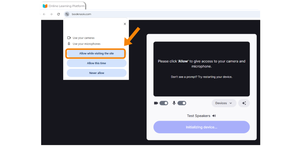 Browser permission window with an orange arrow pointing to the "Allow while visiting the site" button.