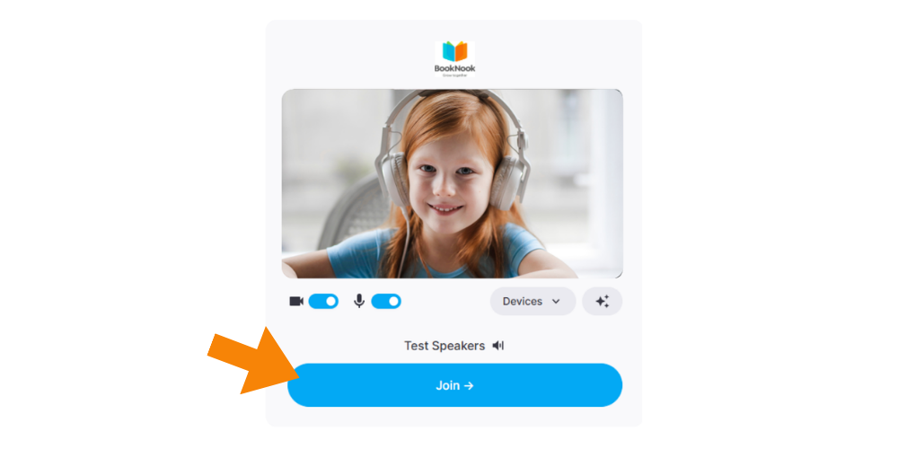 "Join" screen showing a student's camera preview and hardware toggle switches.