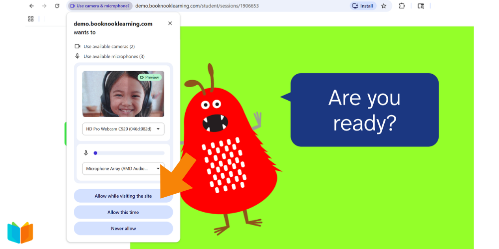 Browser permission pop-up for camera and microphone access next to a red BookNook character asking, "Are you ready?"