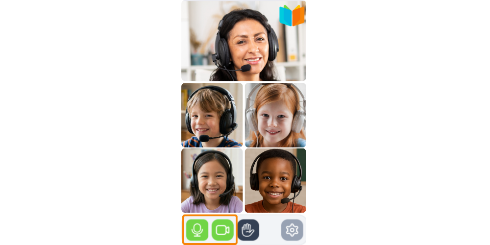 A collage of a tutor and four students wearing headsets, with call control icons at the bottom.