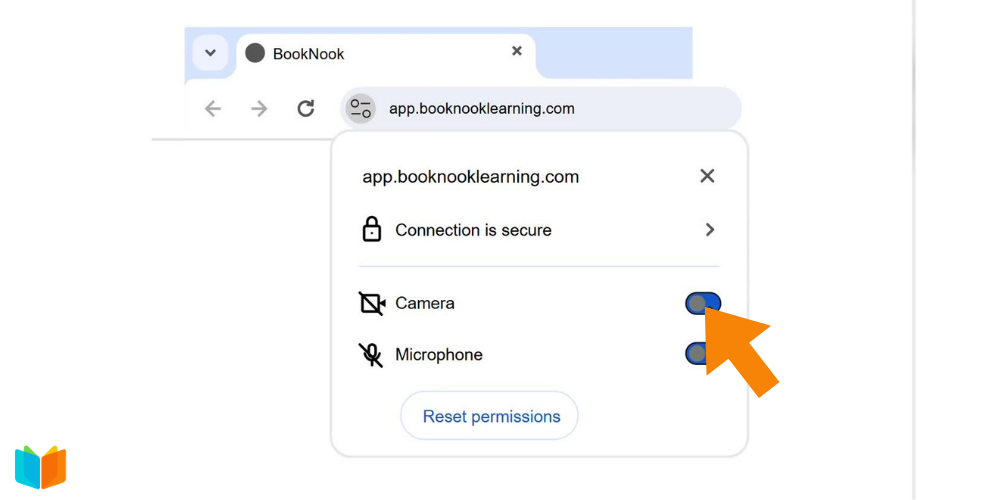 Browser site settings menu with an orange arrow pointing to the camera and microphone permission toggles.