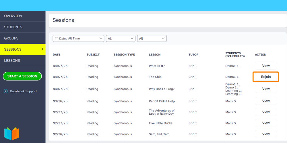 Sessions log highlighting the "Rejoin" button for a lesson currently in progress.