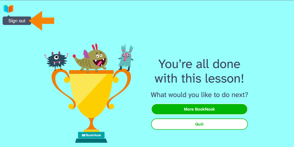 Post-lesson screen with "Sign out," "More BookNook," and "Quit" options.