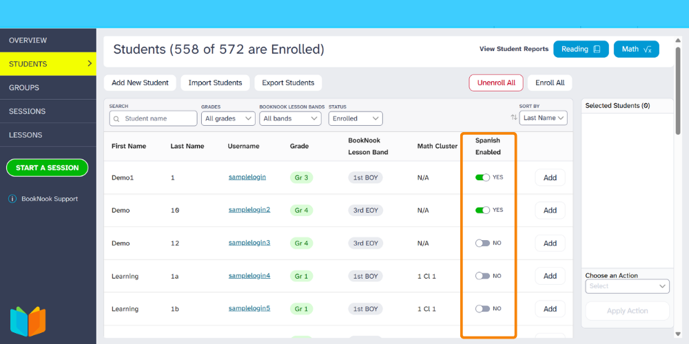 Student list with the "Spanish Enabled" toggle column highlighted.