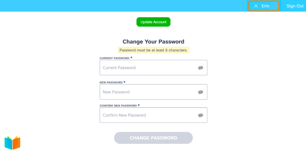 "Change Your Password" form with fields for current and new passwords.