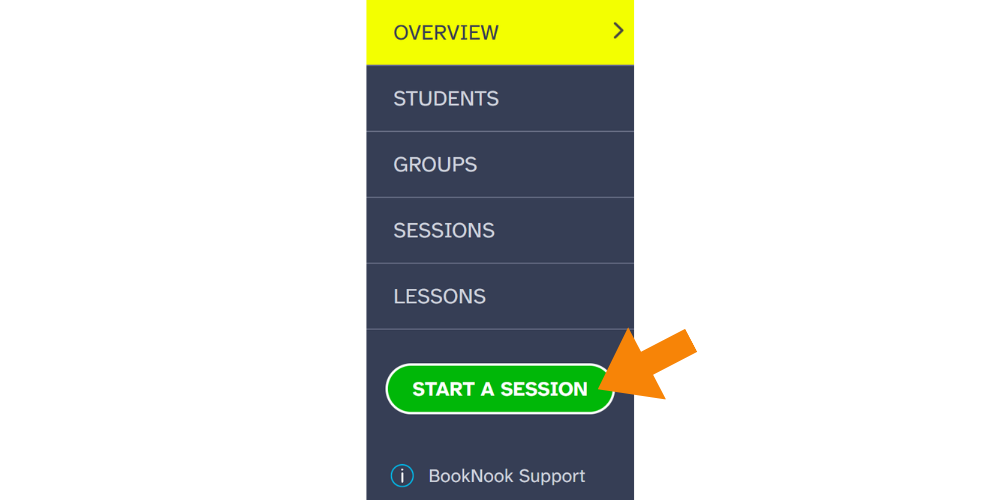 Sidebar navigation menu highlighting the green "START A SESSION" button.