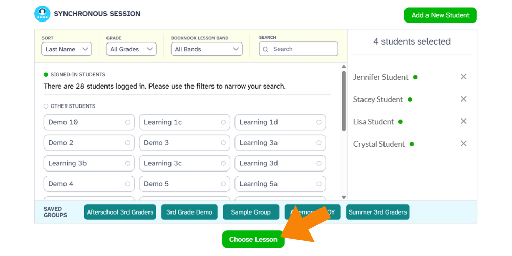 Student selection screen highlighting the "Choose Lesson" button after picking students.