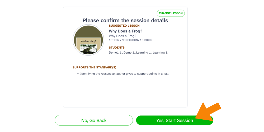 Session confirmation screen highlighting the "Yes, Start Session" button.