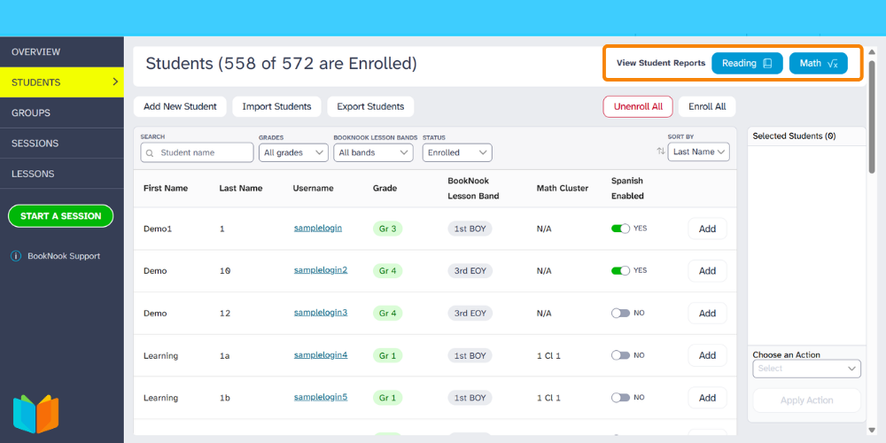 Student list view highlighting "View Student Reports" for Reading and Math.