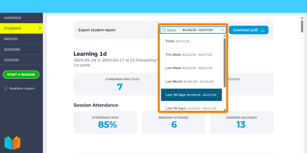 Individual student report page showing a date range dropdown menu.