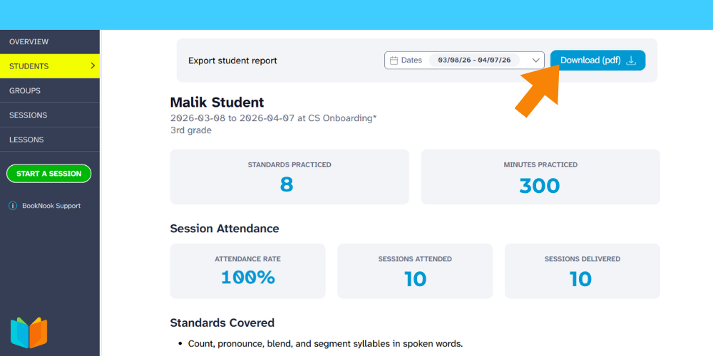 Individual student report page with the "Download (pdf)" button highlighted.
