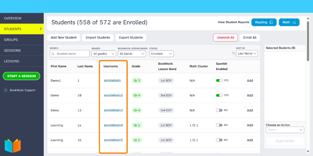 Administrative dashboard displaying a list of students and their usernames.