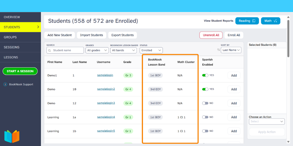 Student list with "BookNook Lesson Band" and "Math Cluster" columns highlighted.