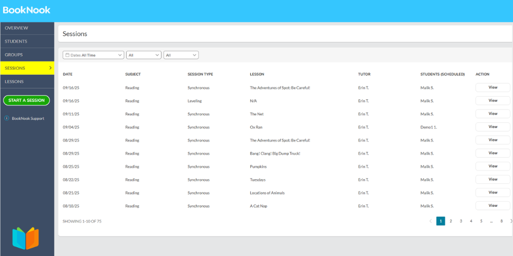 Log of past sessions showing date, subject, lesson name, tutor, and students.